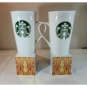 Two Starbucks Classic 16 Oz tall coffee/tea mugs white w/Mermaid logo 2014 nwot
